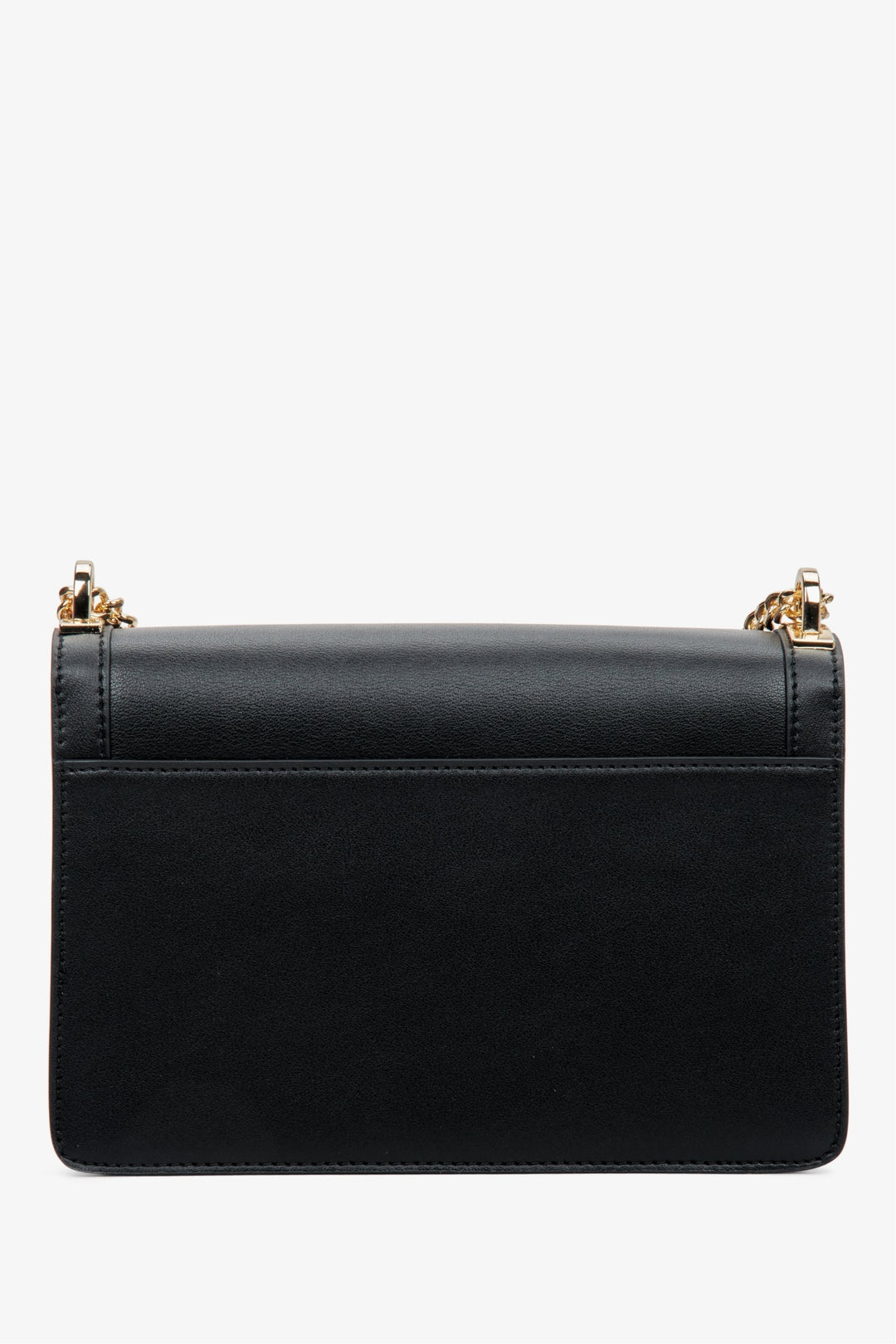 Women's leather black handbag with a golden chain, Estro - reverse side.