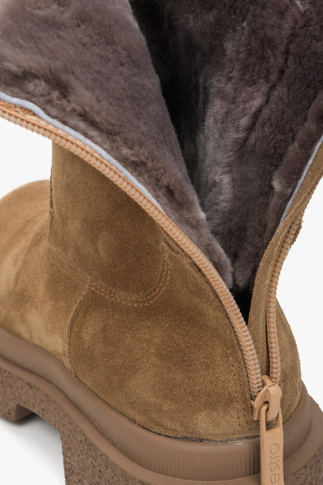 Women's winter ankle boots in brown velour Estro - presentation of warm lining.