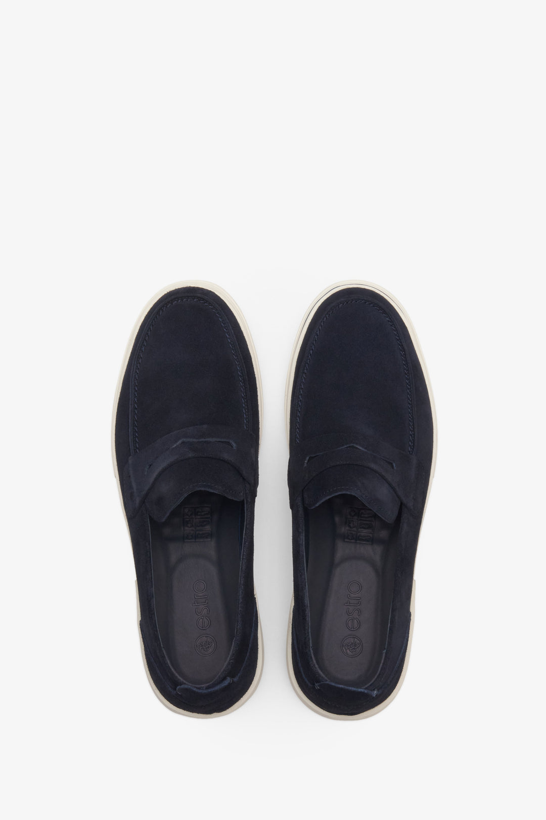 Men's spring and fall velour loafers - top view shoe presentation.