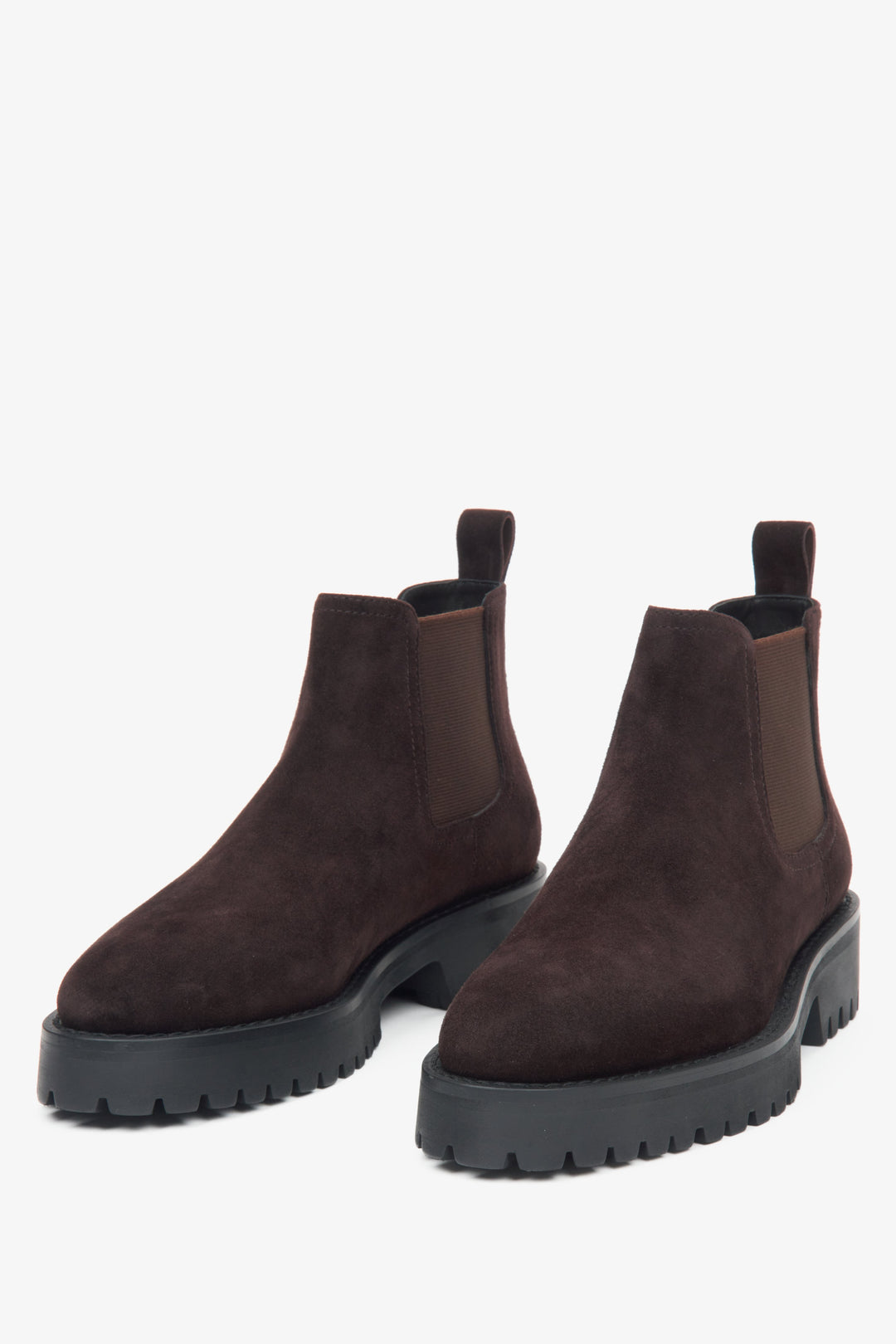 Elegant dark brown low Chelsea boots for women made of genuine velour by Estro.