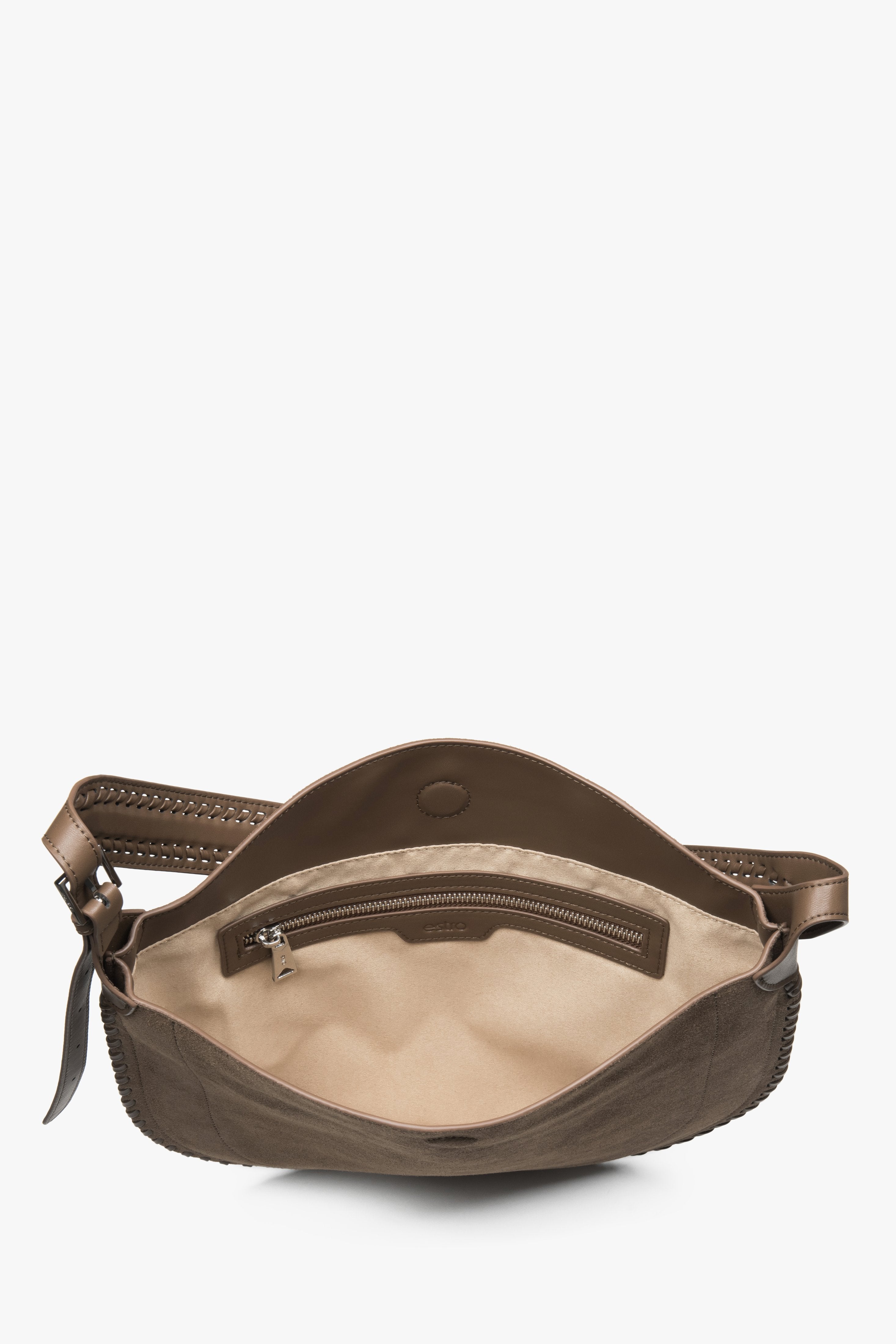 Dark beige shoulder bag for women, featuring a soft genuine suede finish.