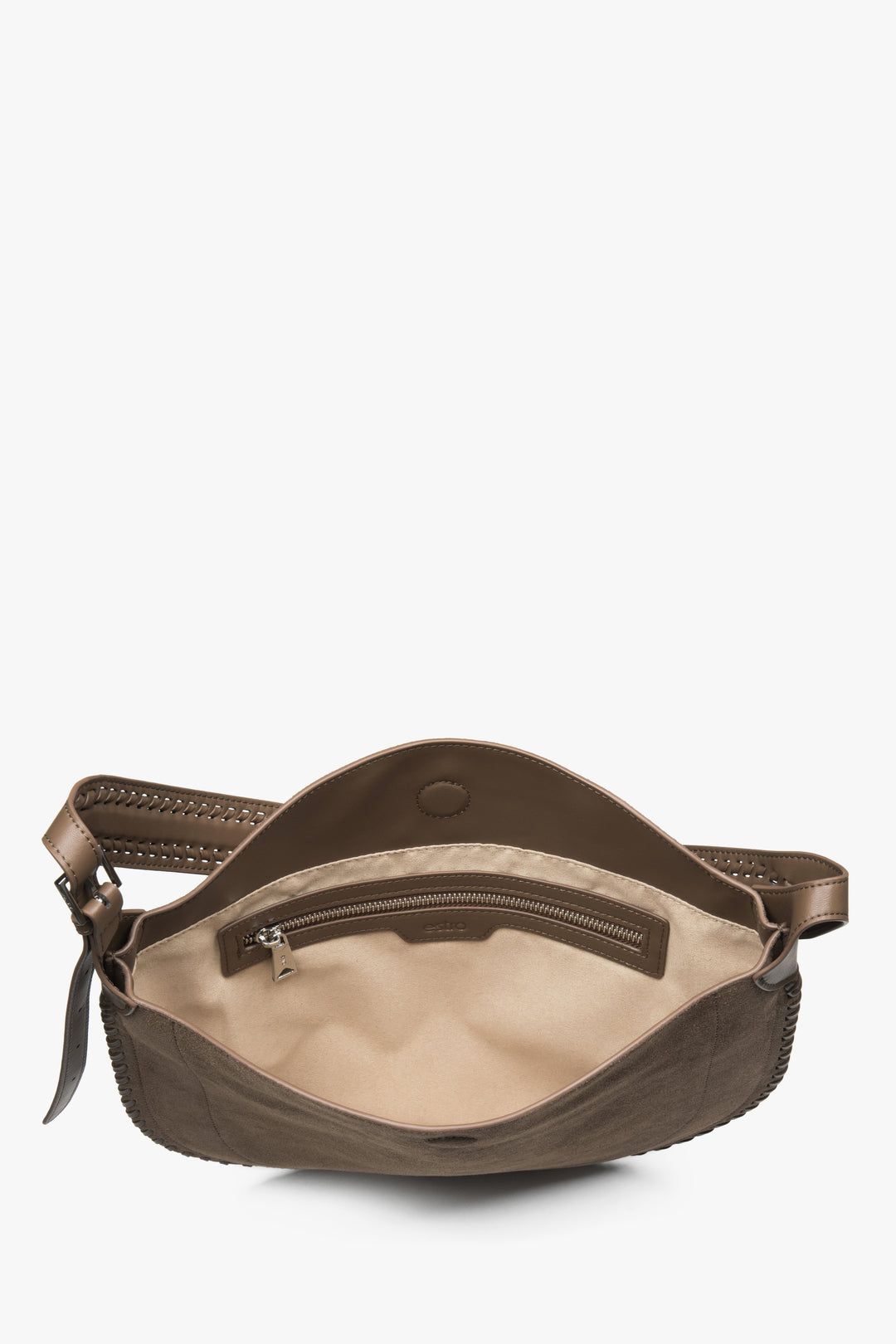 Dark beige shoulder bag for women, featuring a soft genuine suede finish.
