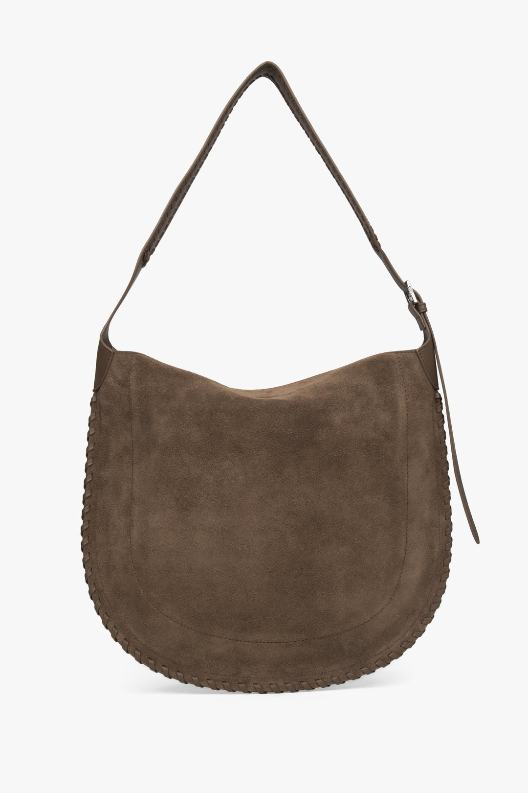 A women's shoulder bag constructed from genuine suede in a dark beige color.