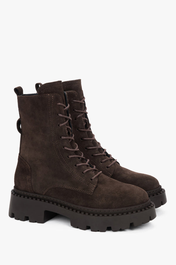 Stylish Women's Saddle Brown Italian Velour Ankle Boots by Estro - close-up on a toeline.