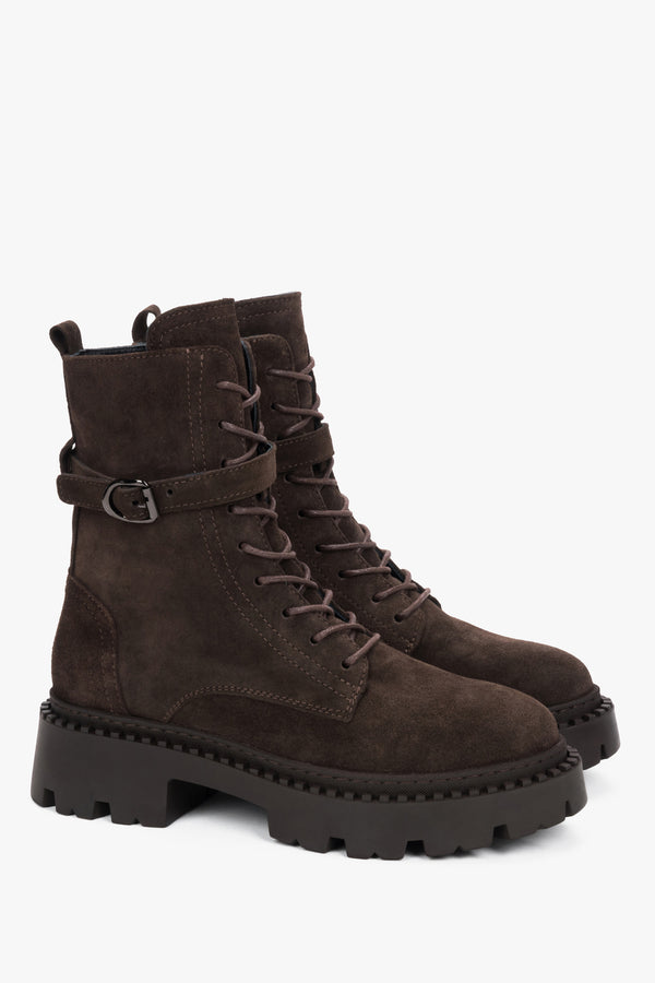 Genuine Italian Velour Women's Ankle Boots in Saddle Brown by Estro - a close-up on soft shoe shaft.