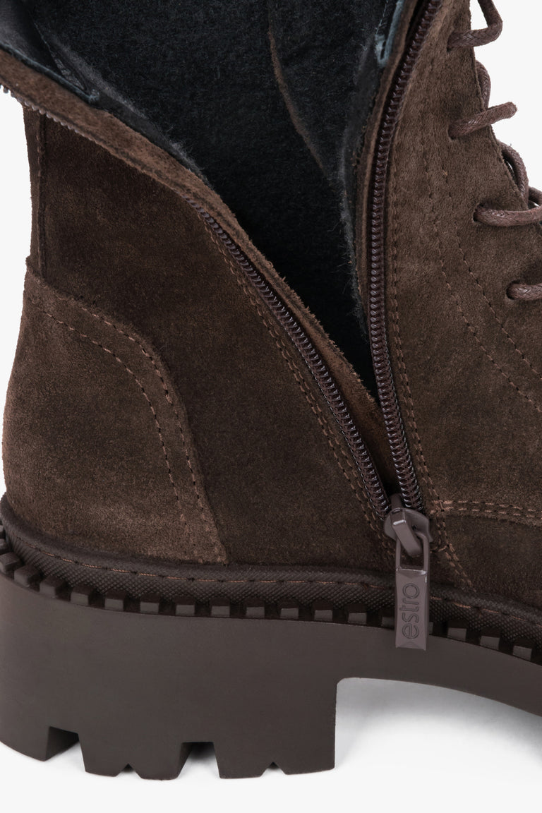 Elegant Saddle Brown Ankle Boots for Women Crafted from Italian Velour by Estro - a close-up on soft padding.