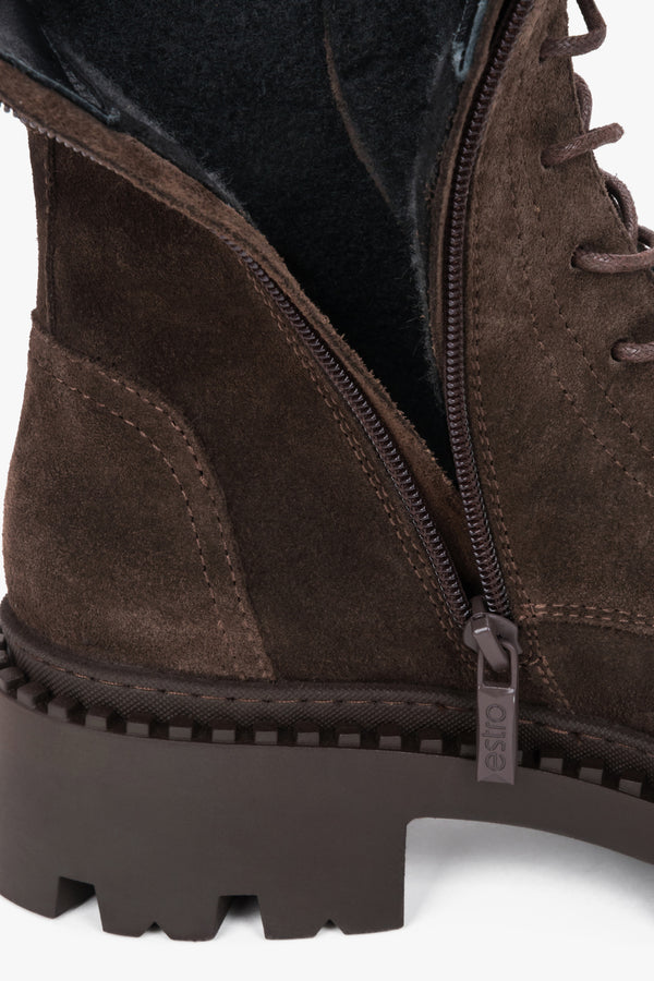 Elegant Saddle Brown Ankle Boots for Women Crafted from Italian Velour by Estro - a close-up on soft padding.