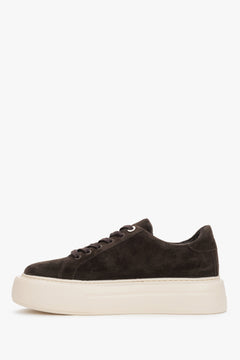 A pair of women's sneakers in dark brown, crafted from premium Italian velour with a chunky sole.