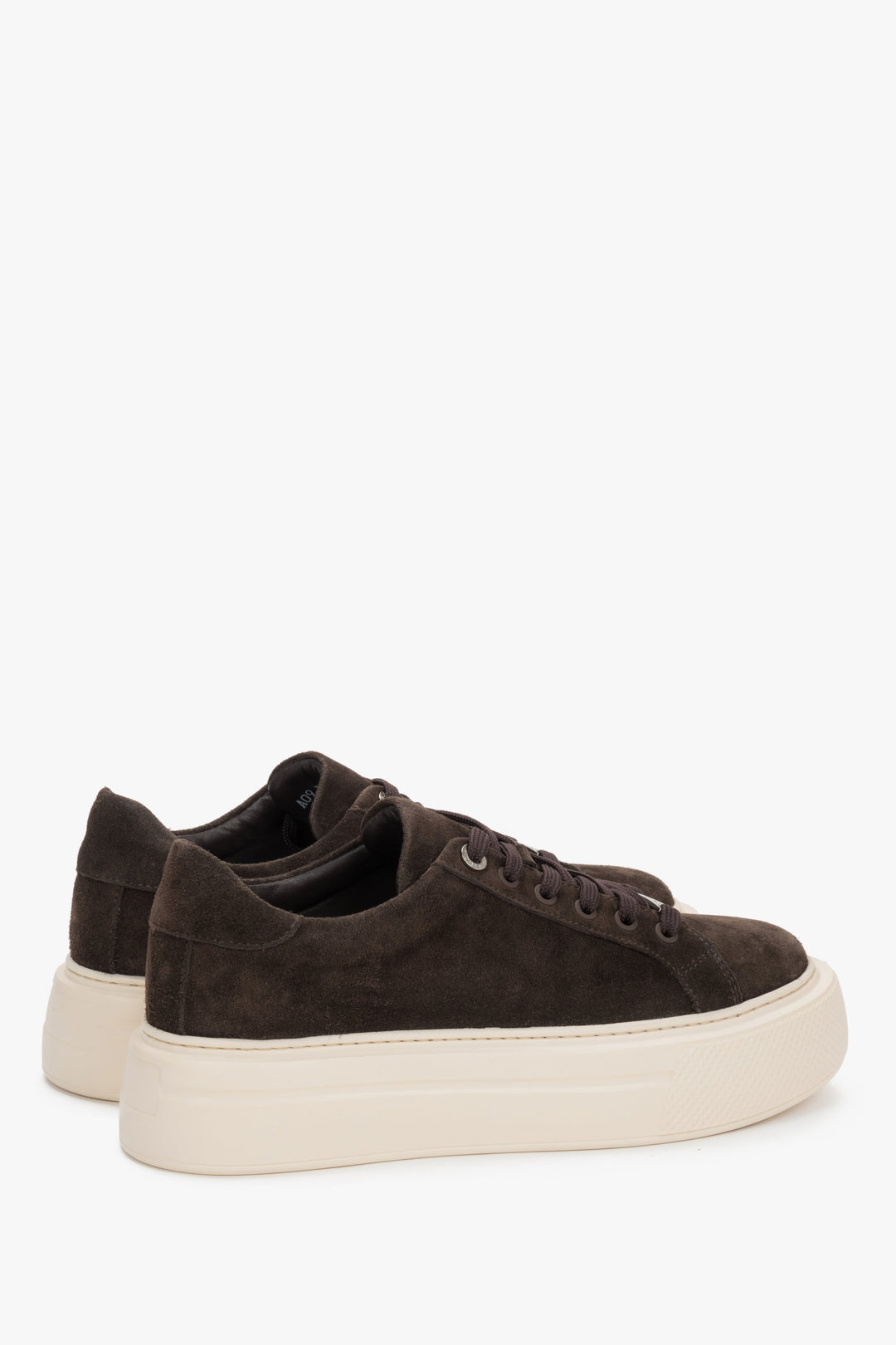 Side profile of women's dark brown sneakers, highlighting the chunky sole and soft Italian velour texture.