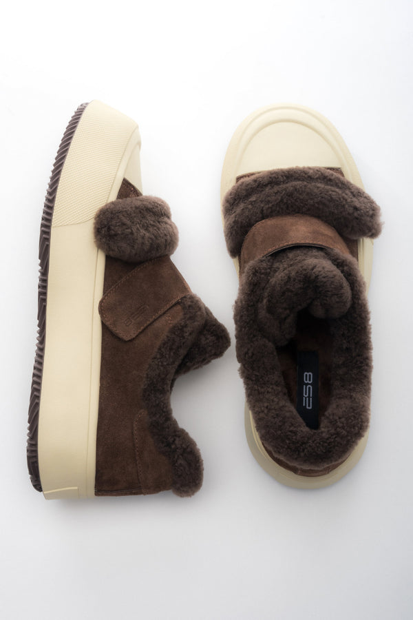 Women's Fur-Lined Dark Brown Low-Top Sneakers made with Genuine Velour ES8 ER00118824.