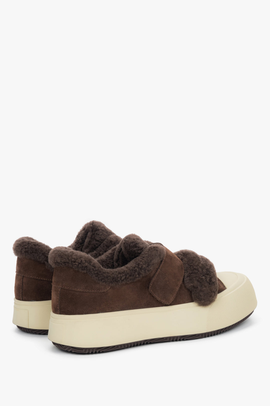A pair of women's sneakers in dark brown, constructed from genuine velour with a fur lining, model ES8.