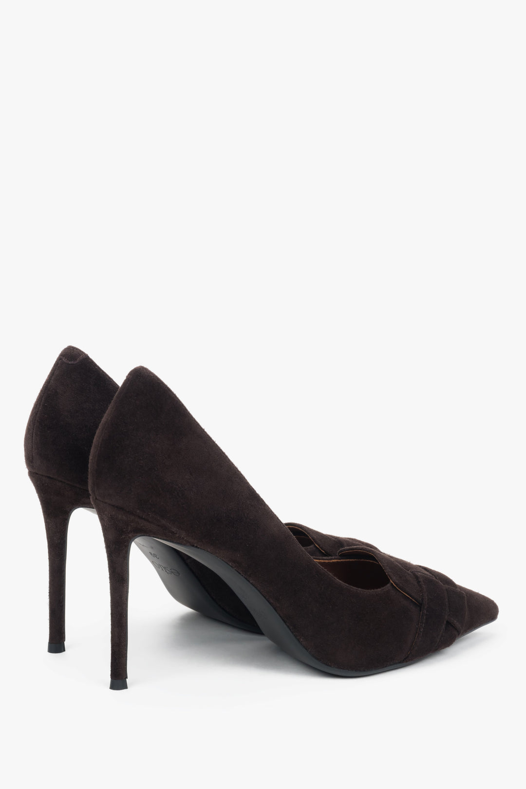 Dark brown high heels in genuine velour with decorative detail by Estro – heel view.