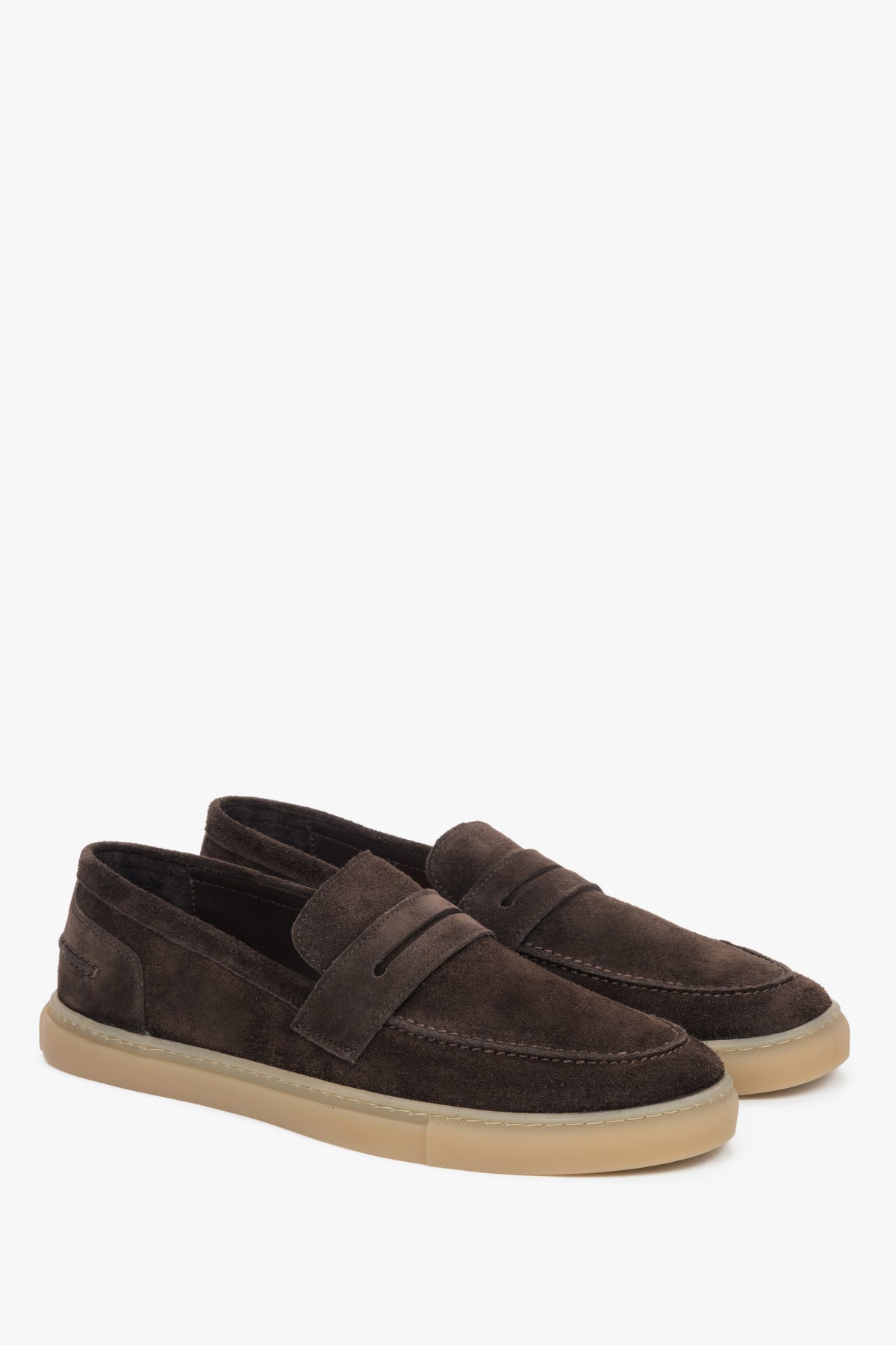 A pair of men's loafers in dark brown, crafted from premium Italian velour with a flexible, cushioned sole.