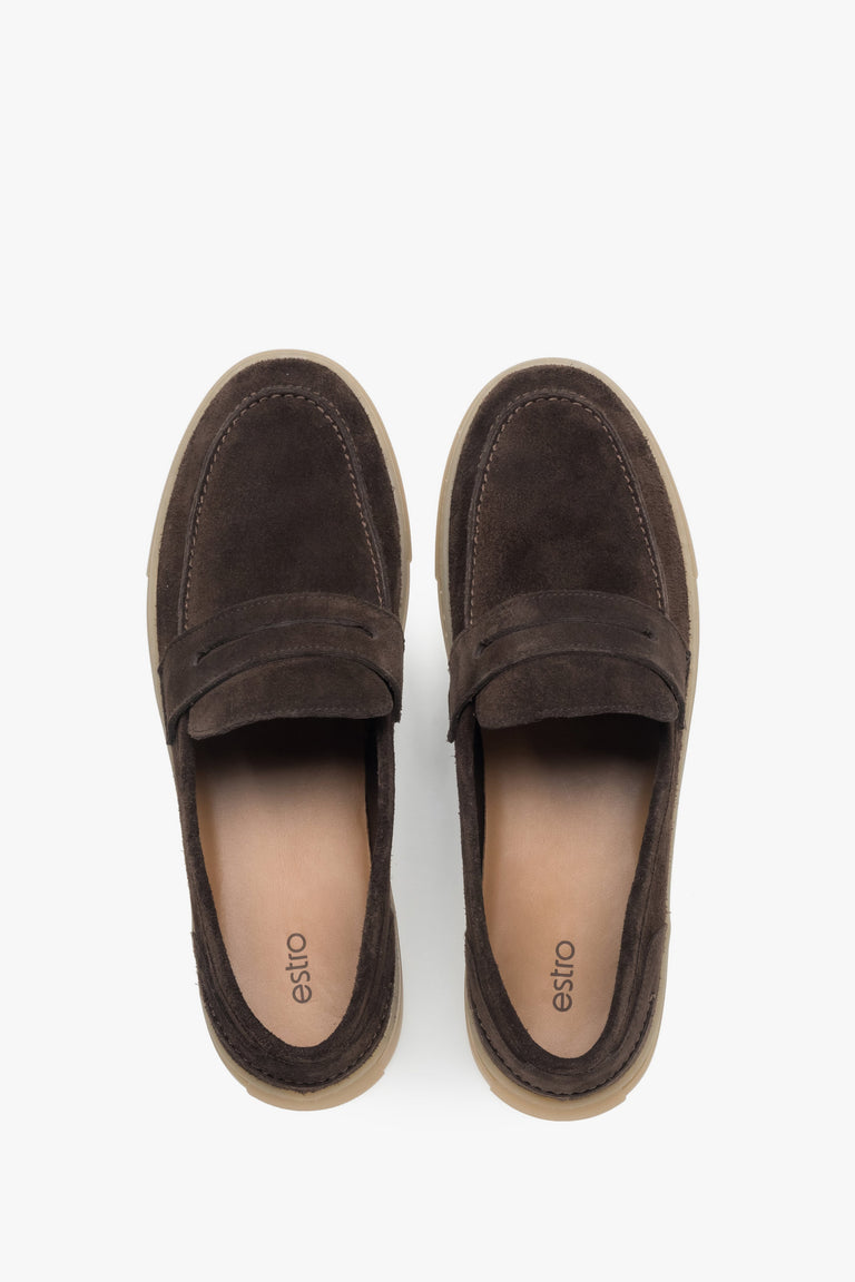 Side profile of a men's dark brown loafer, showing the premium Italian velour and the design of the flexible sole.