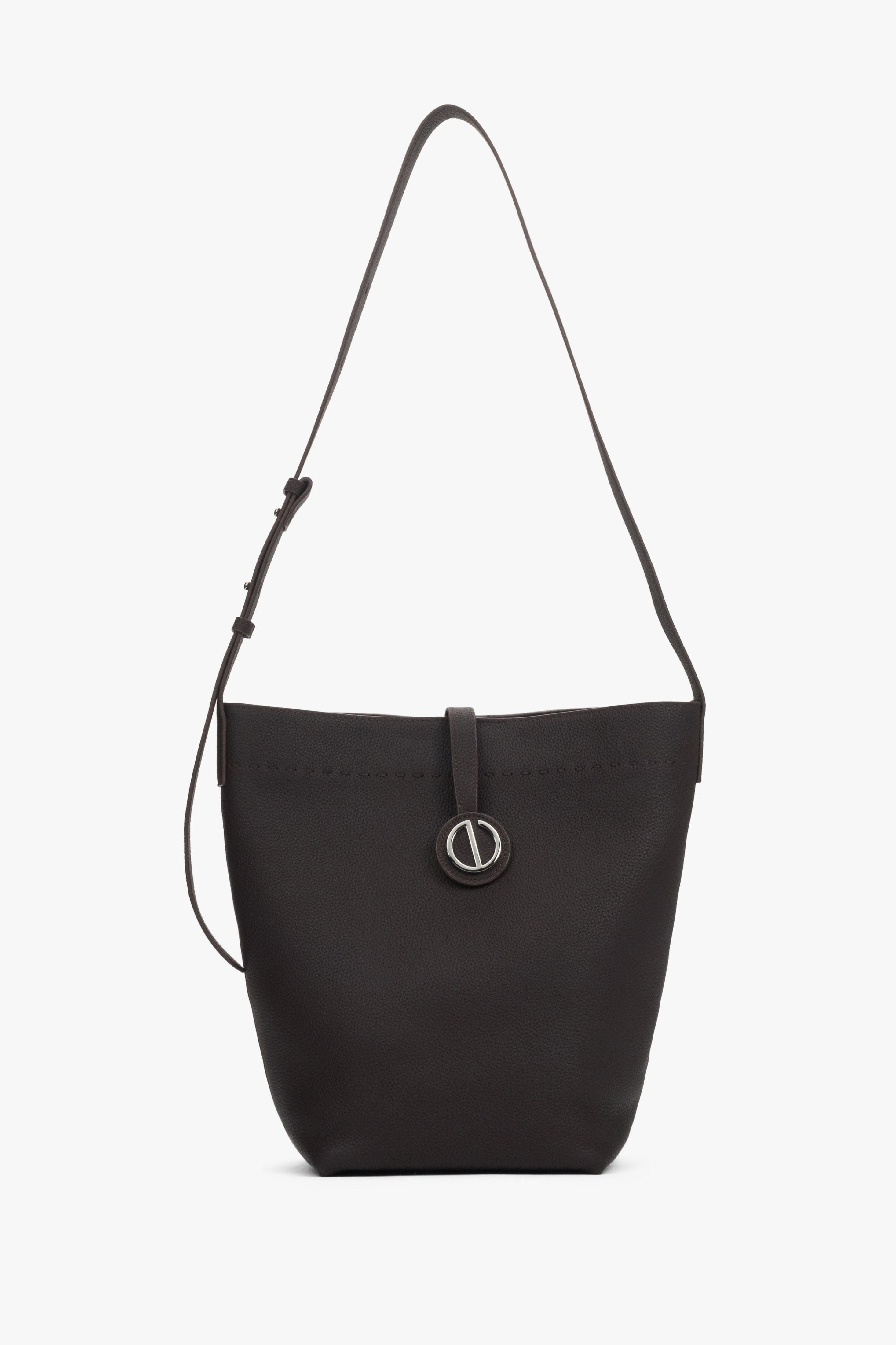 Women's Dark Brown Bucket Bag in Genuine Leather with a Shoulder Strap Estro ER00118909.