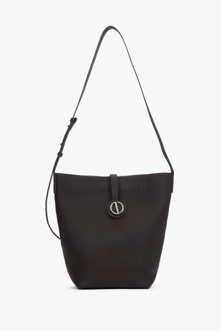 Women's Dark Brown Bucket Bag in Genuine Leather with a Shoulder Strap Estro ER00118909.