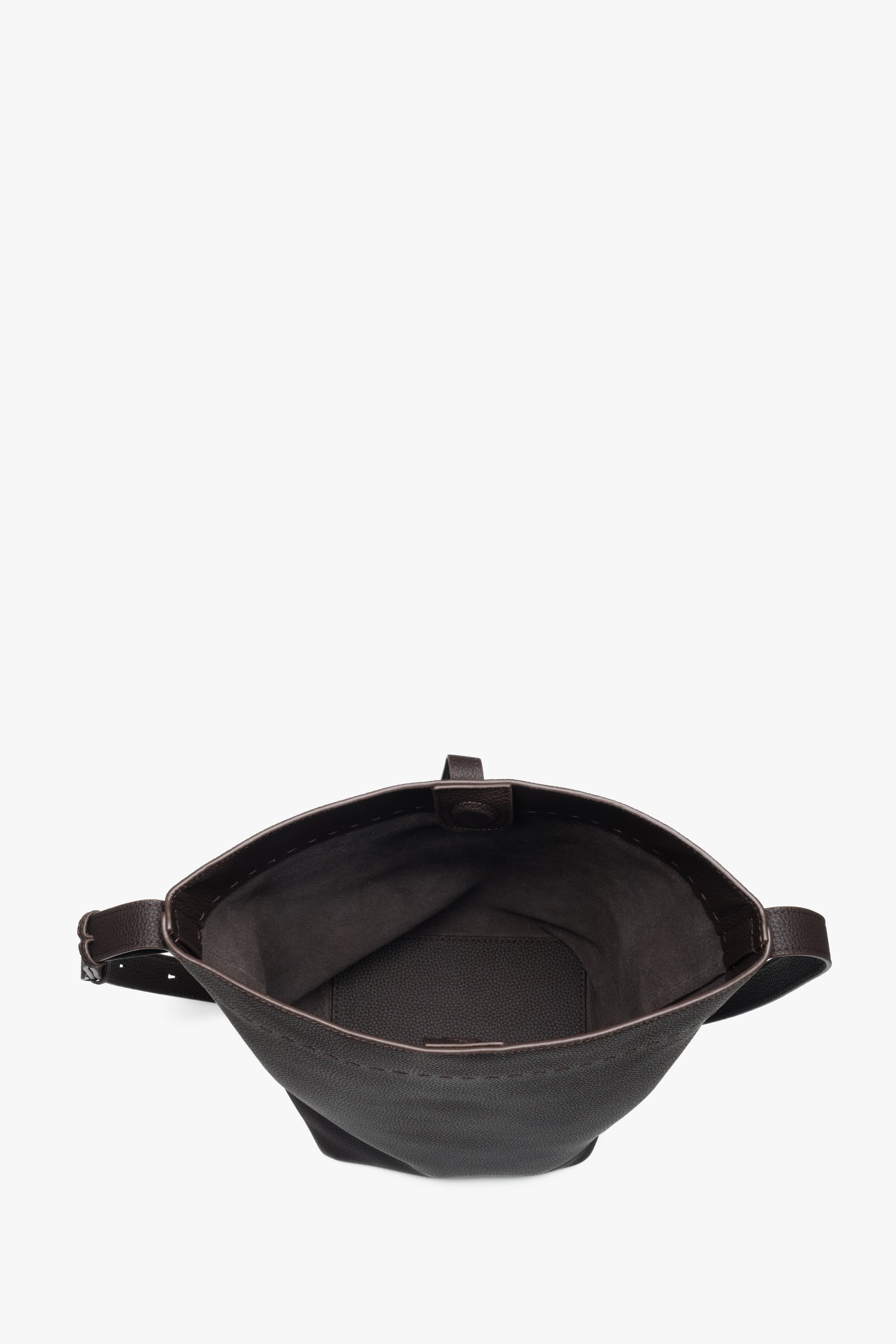 Genuine leather dark brown bucket bag for women with a magnetic snap closure, Estro.