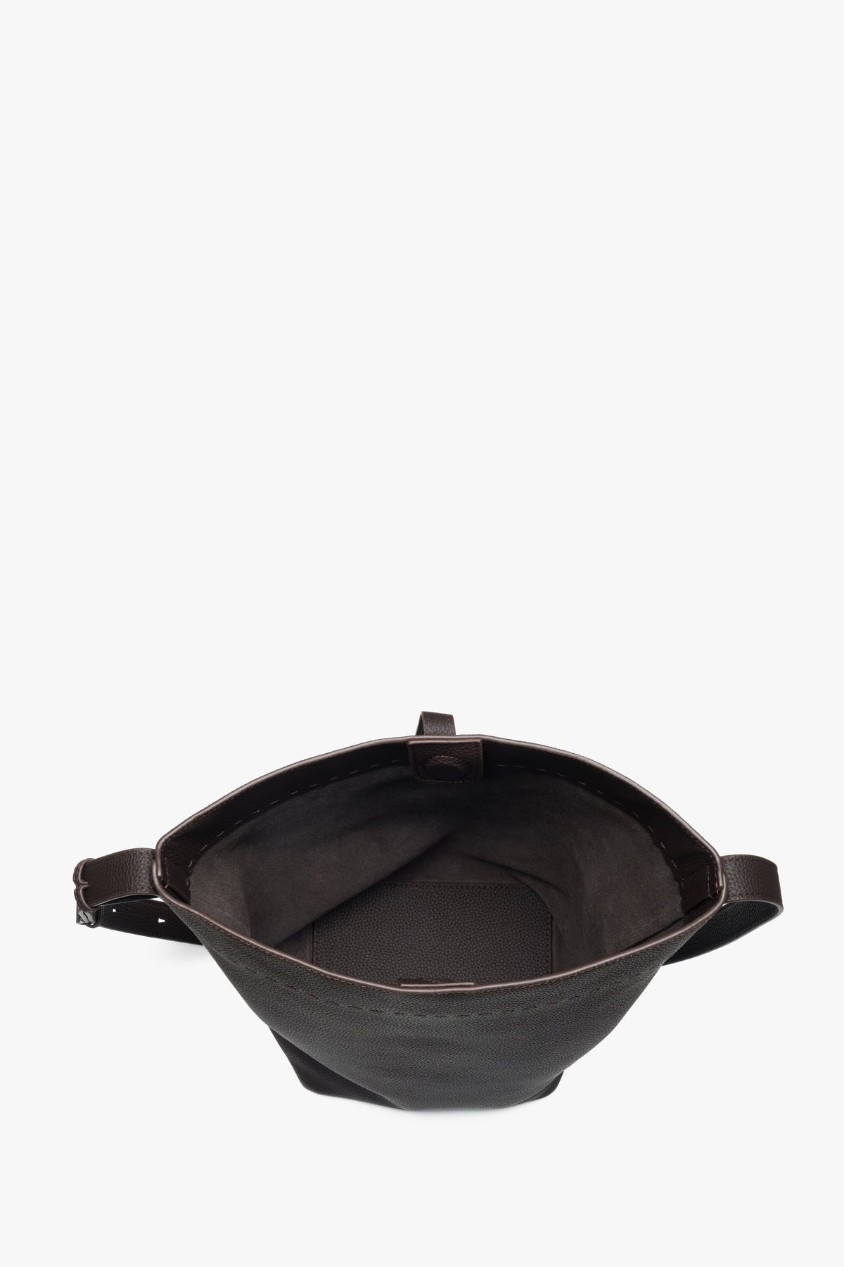 Genuine leather dark brown bucket bag for women with a magnetic snap closure, Estro.