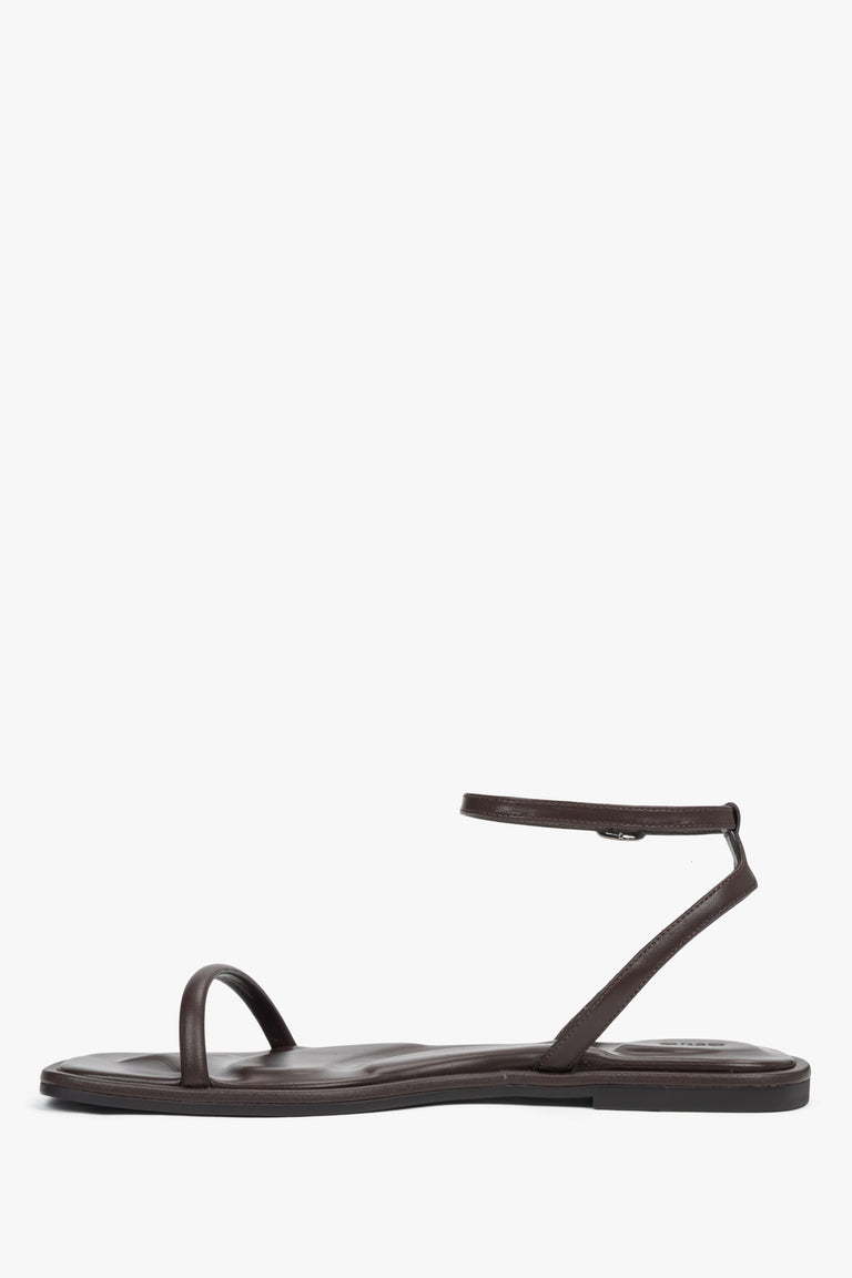 Dark brown leather flat sandals with a silver buckle, summer style.