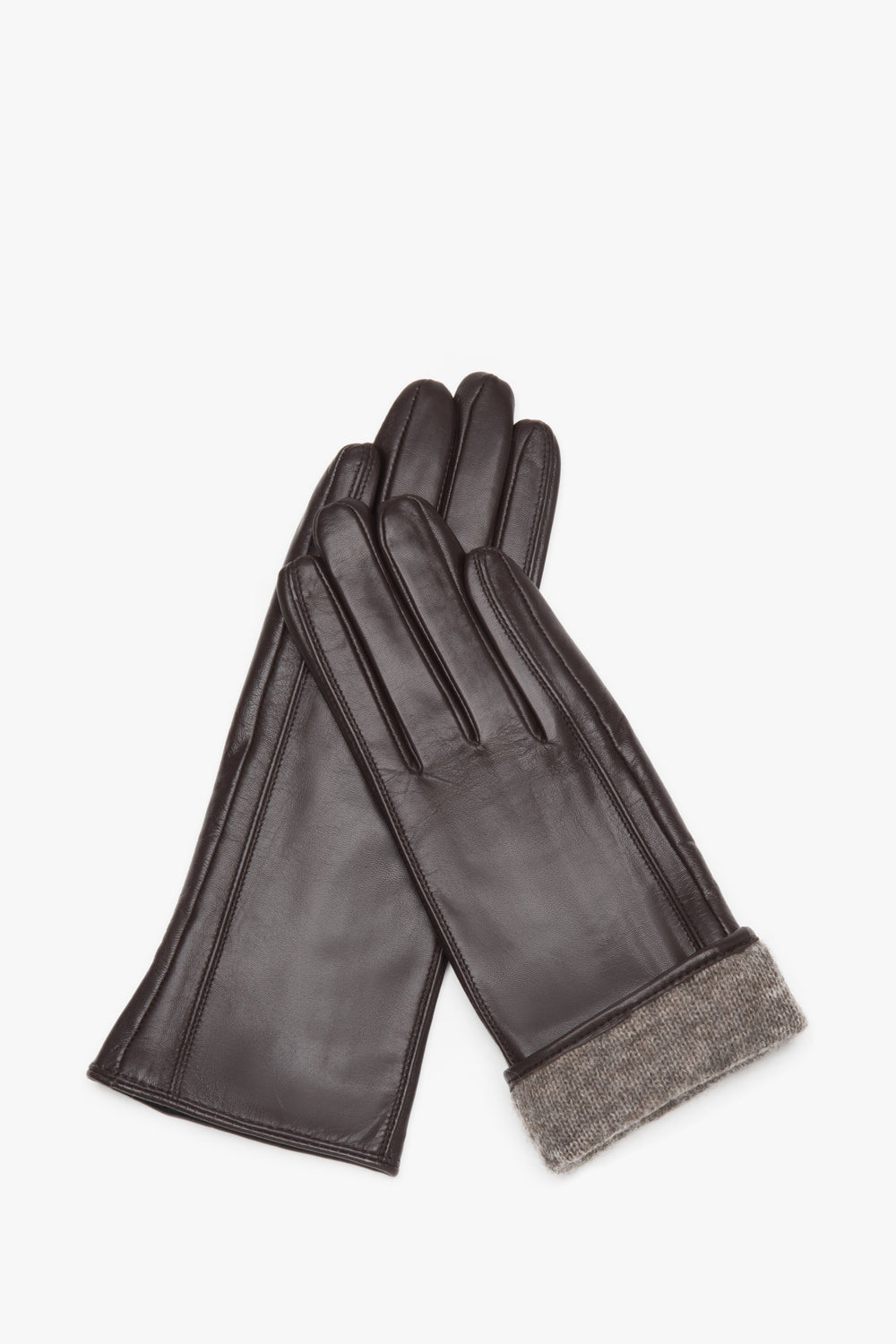 Women's Classic Dark Brown Gloves Made of Genuine Leather with a Wool Lining Estro ER00118421.