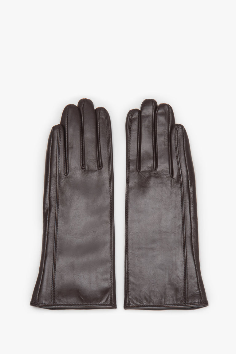 Women's gloves Estro, classic, dark brown, made of genuine leather with wool lining.