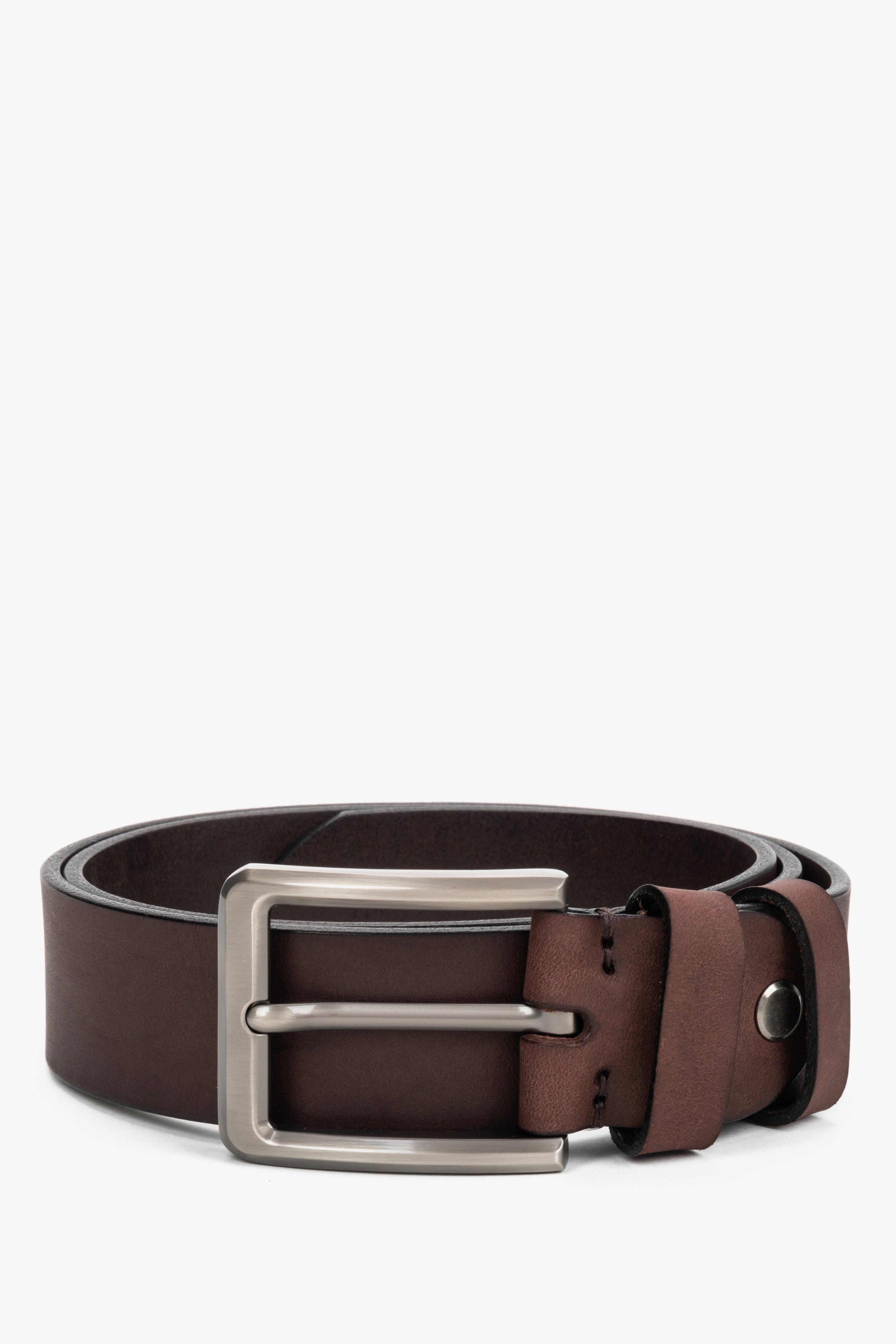 Dark Brown Men's Belt with a Silver Buckle made of Smooth Genuine Leather Estro ER00120706