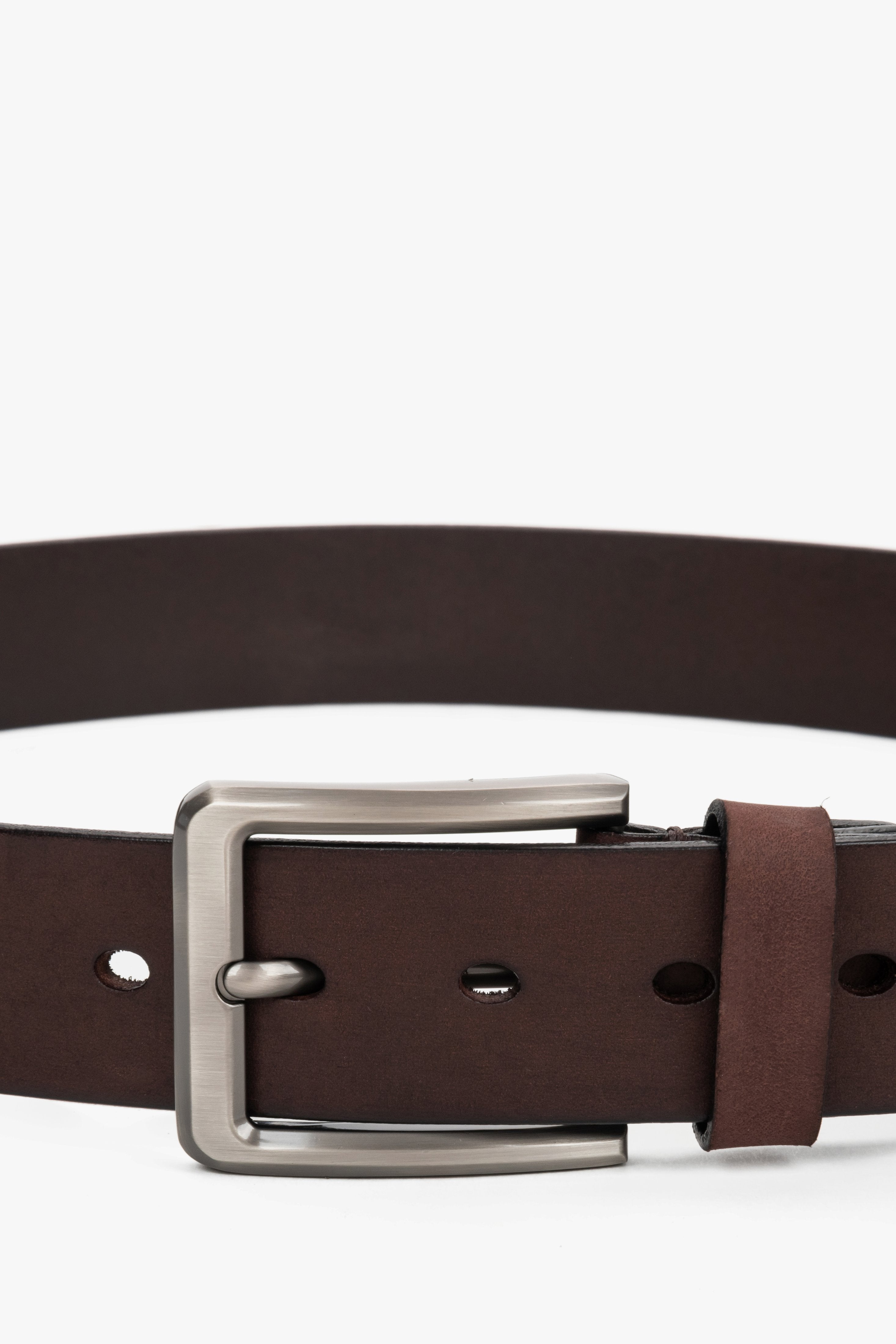 Dark brown men's belt with a silver buckle made of smooth genuine leather.
