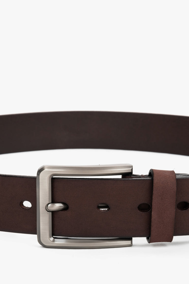 Dark brown men's belt with a silver buckle made of smooth genuine leather.
