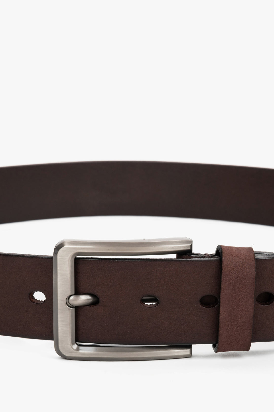Dark brown men's belt with a silver buckle made of smooth genuine leather.
