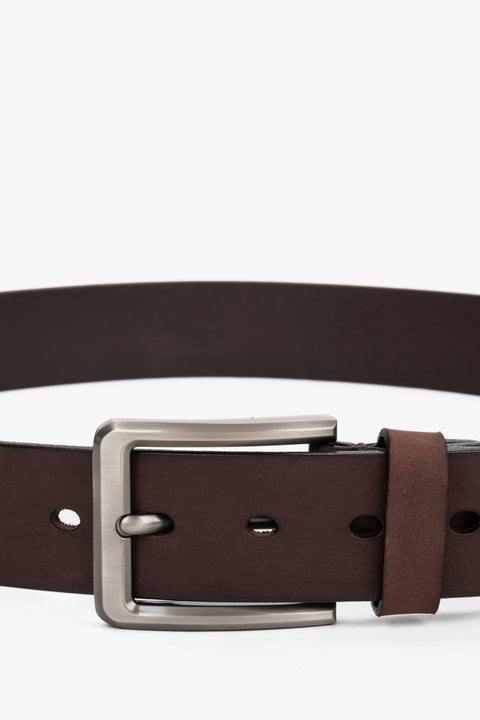 Dark brown men's belt with a silver buckle made of smooth genuine leather.
