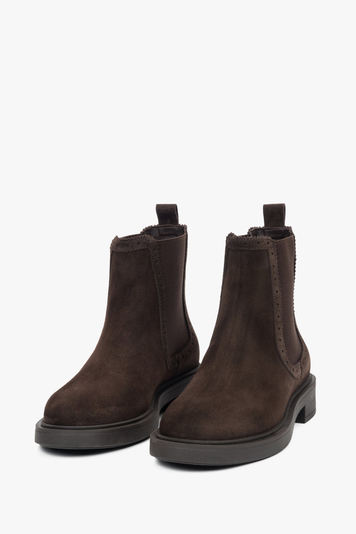 A pair of women's Chelsea boots in dark brown, crafted from premium Italian velour.
