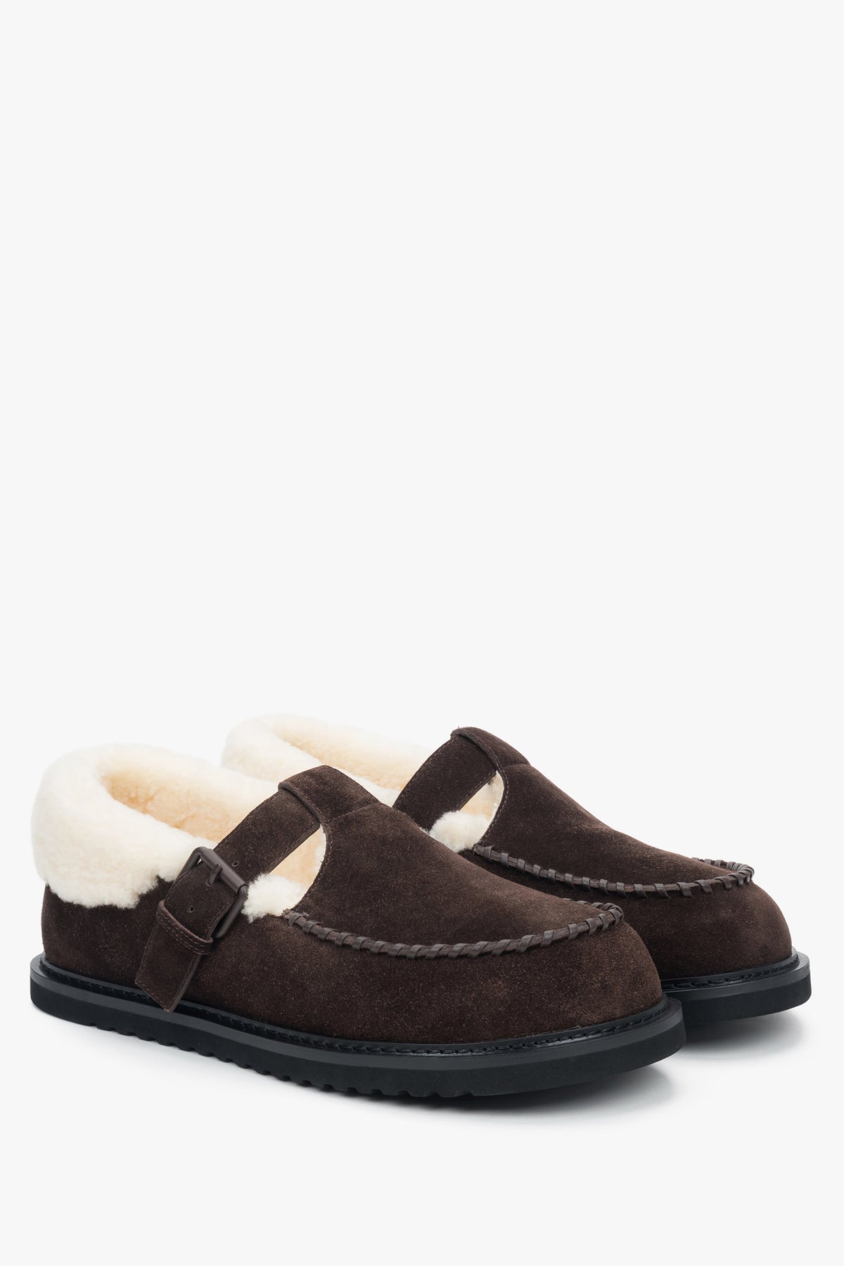 Women's dark brown winter loafers made of natural suede and fur.