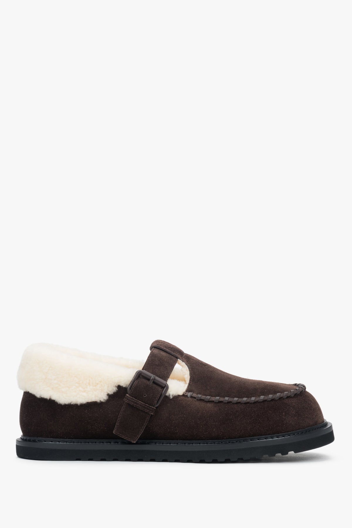 A pair of dark brown winter loafers for women, crafted from natural suede with fur details.