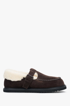 A pair of dark brown winter loafers for women, crafted from natural suede with fur details.