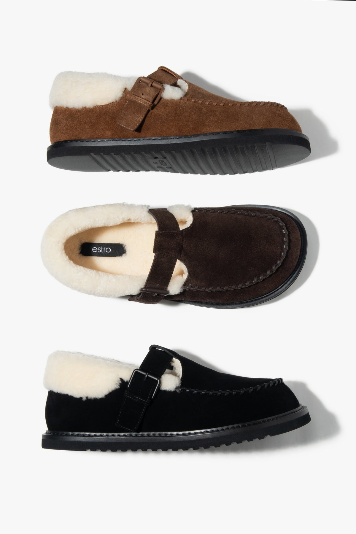 Dark brown winter loafers for women, featuring a natural suede upper and fur.