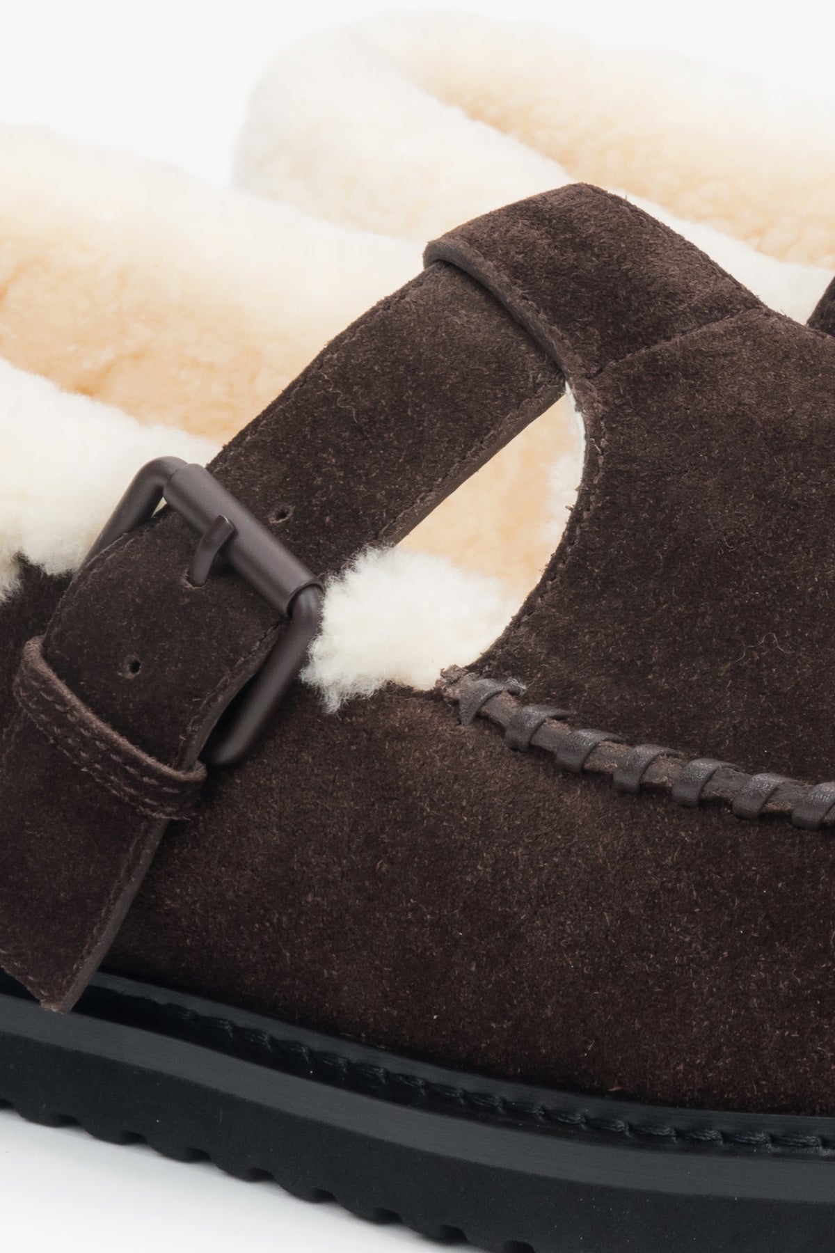 Warm dark brown winter loafers for women, constructed from natural suede and fur.