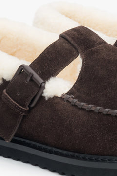 Warm dark brown winter loafers for women, constructed from natural suede and fur.