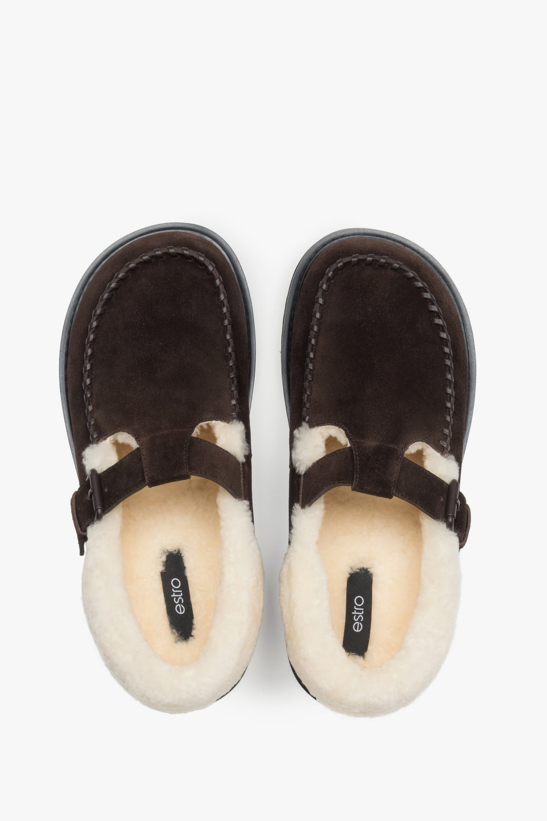 A pair of women's slip-on winter shoes in dark brown, made of genuine suede and fur.