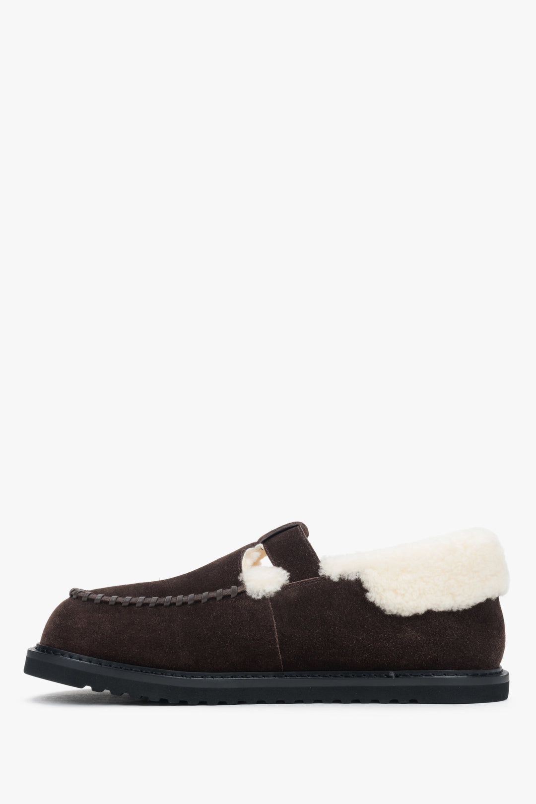 A pair of dark brown winter loafers for women, crafted from natural suede with fur details - a sideline.