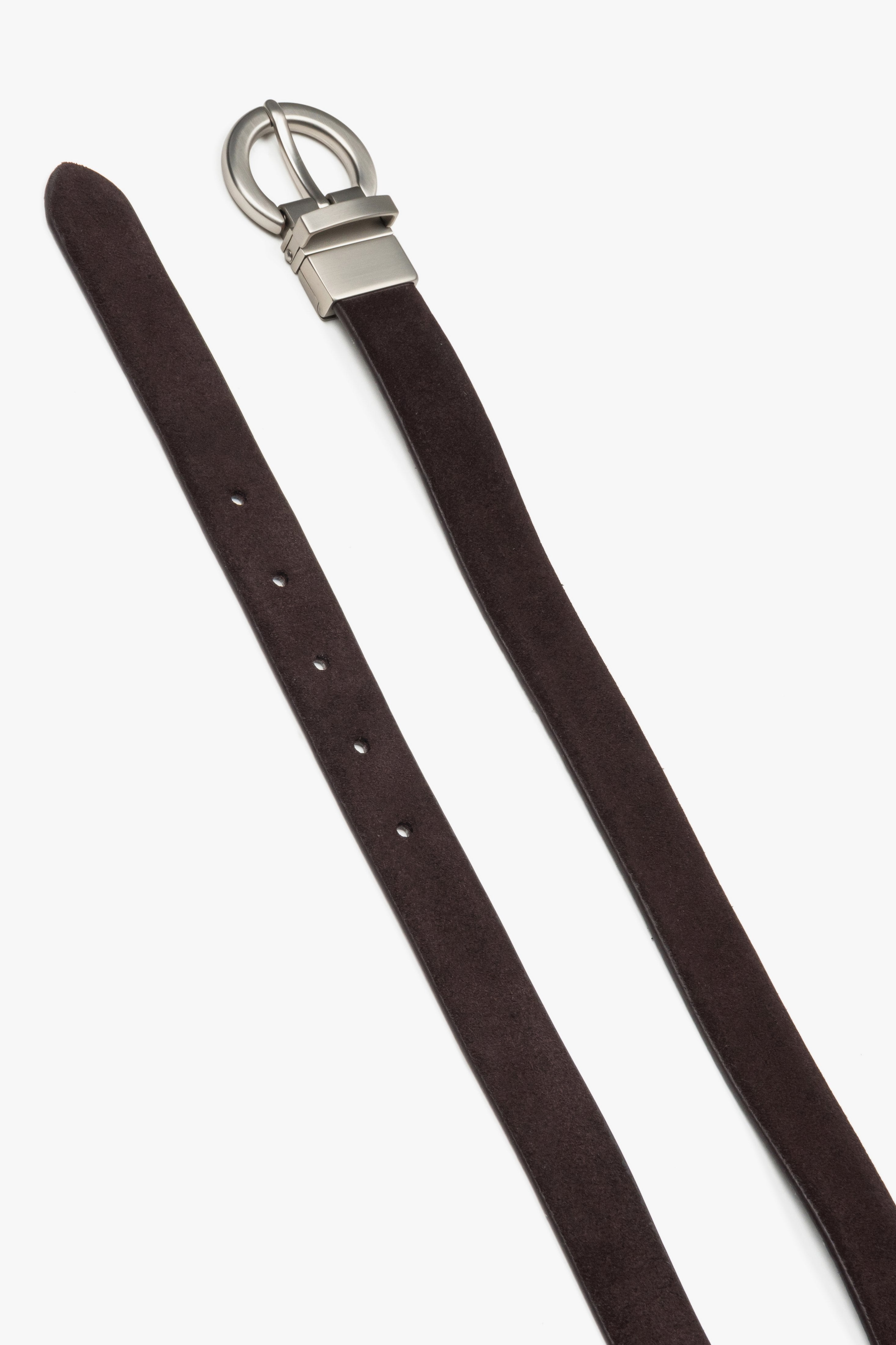 Women's dark brown velour belt by Estro featuring a circular silver buckle.
