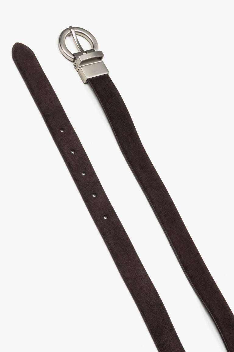 Women's dark brown velour belt by Estro featuring a circular silver buckle.
