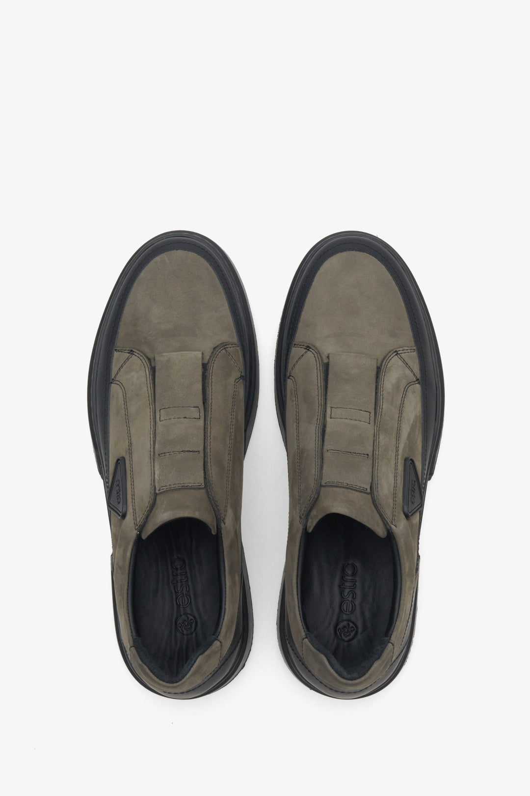 Green men's slip-on sneakers made of natural nubuck by Estro - top view presentation of the model.