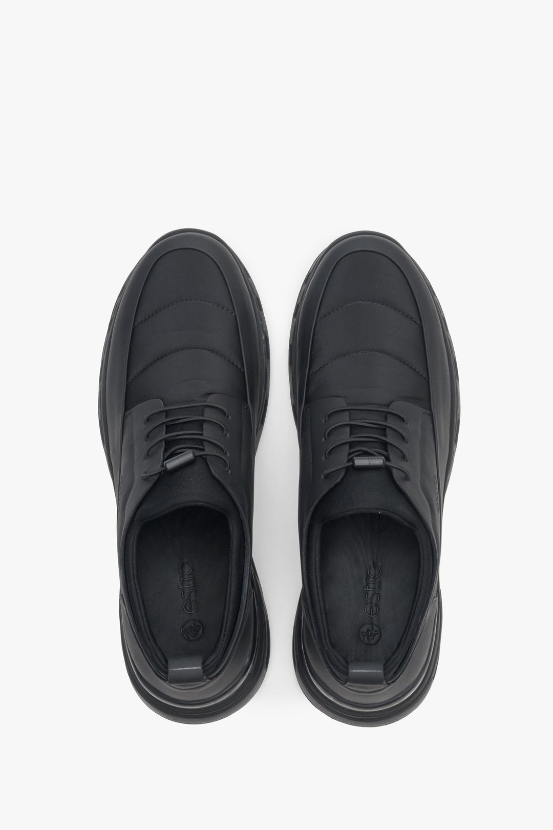 Comfortable, flexible men's  black sneakers by Estro - top view presentation of the model.