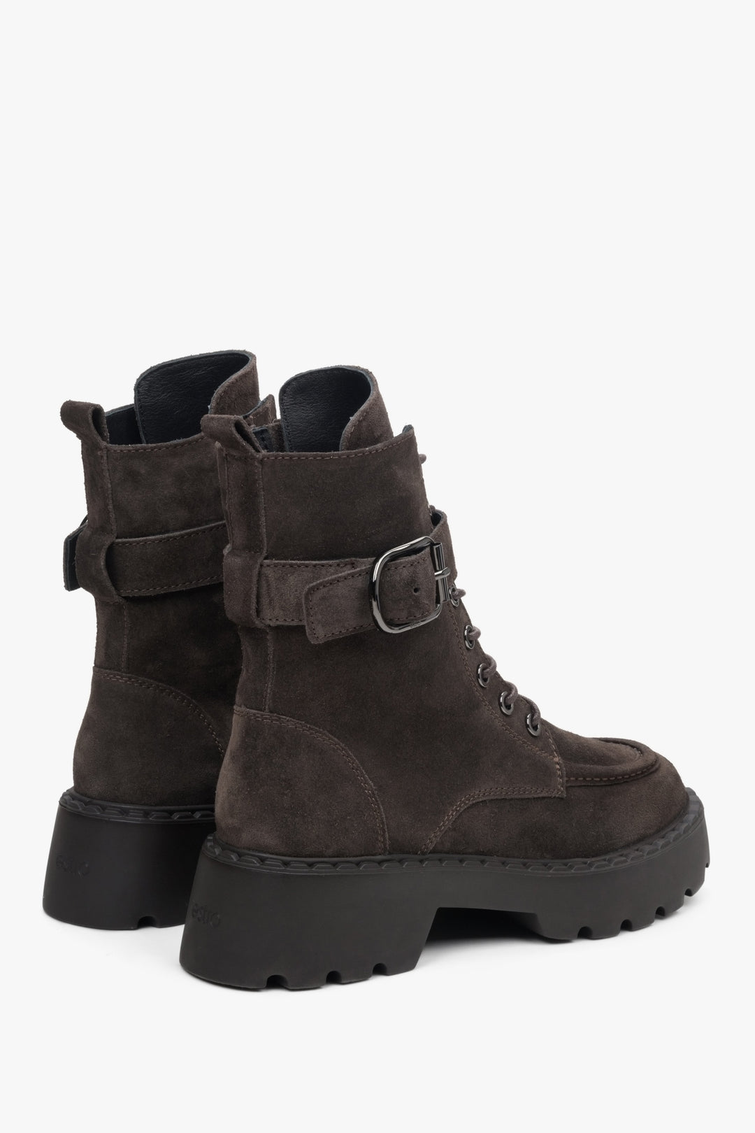 Women's high velour boots in dark brown - close-up of the shoe profile and the back.