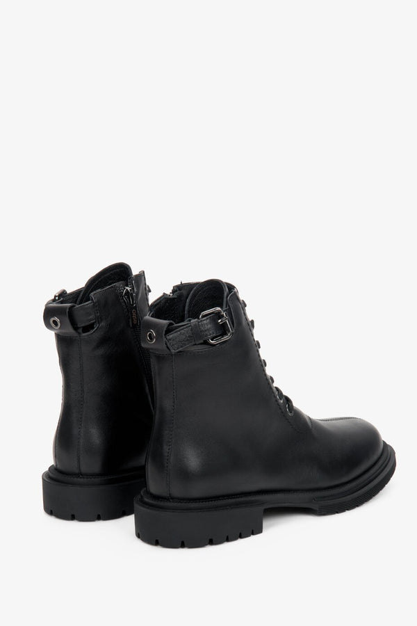 Women's black leather ankle boots with laces by Estro - rear view.