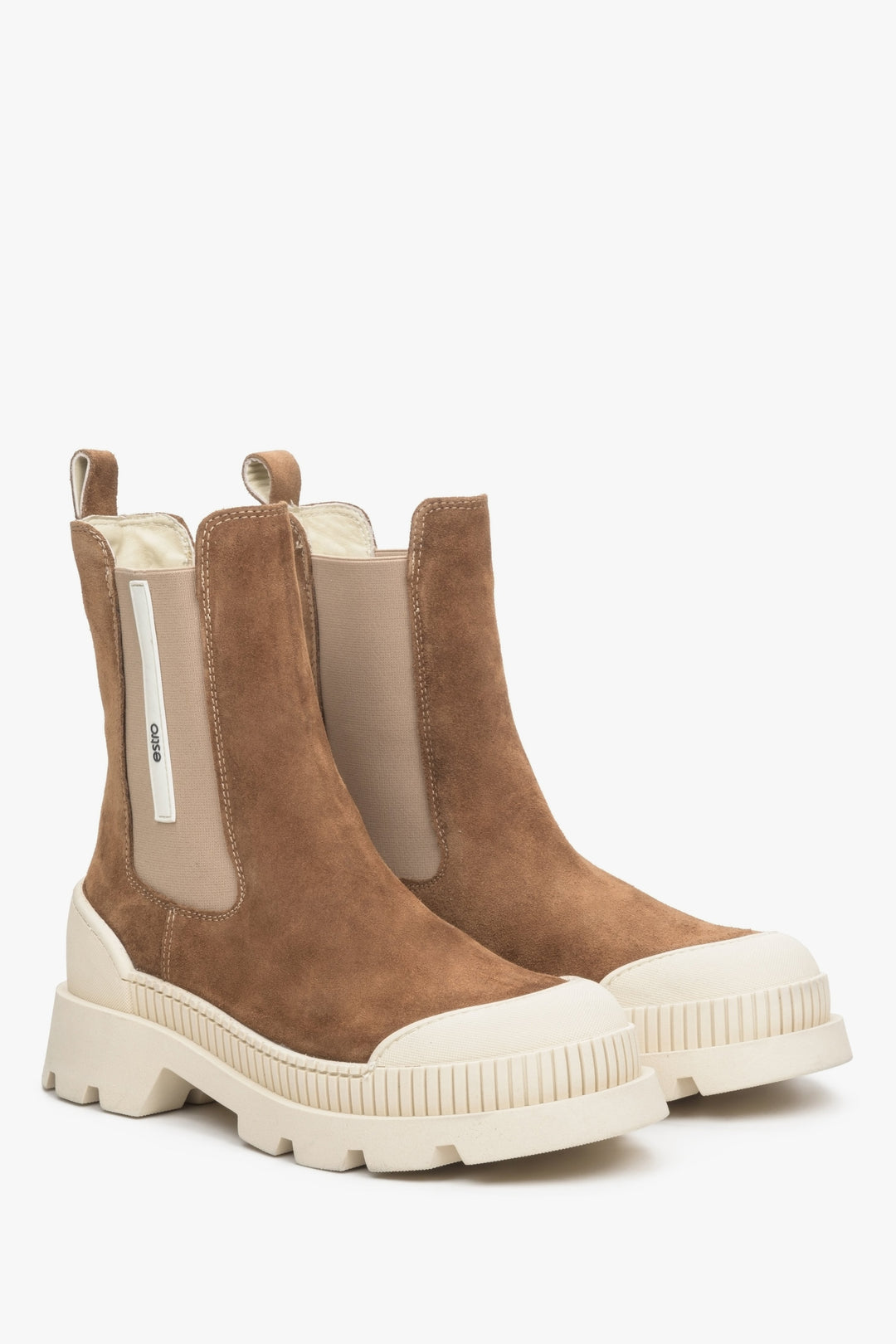 Brown and beige velour and leather Estro women's Chelsea boots.