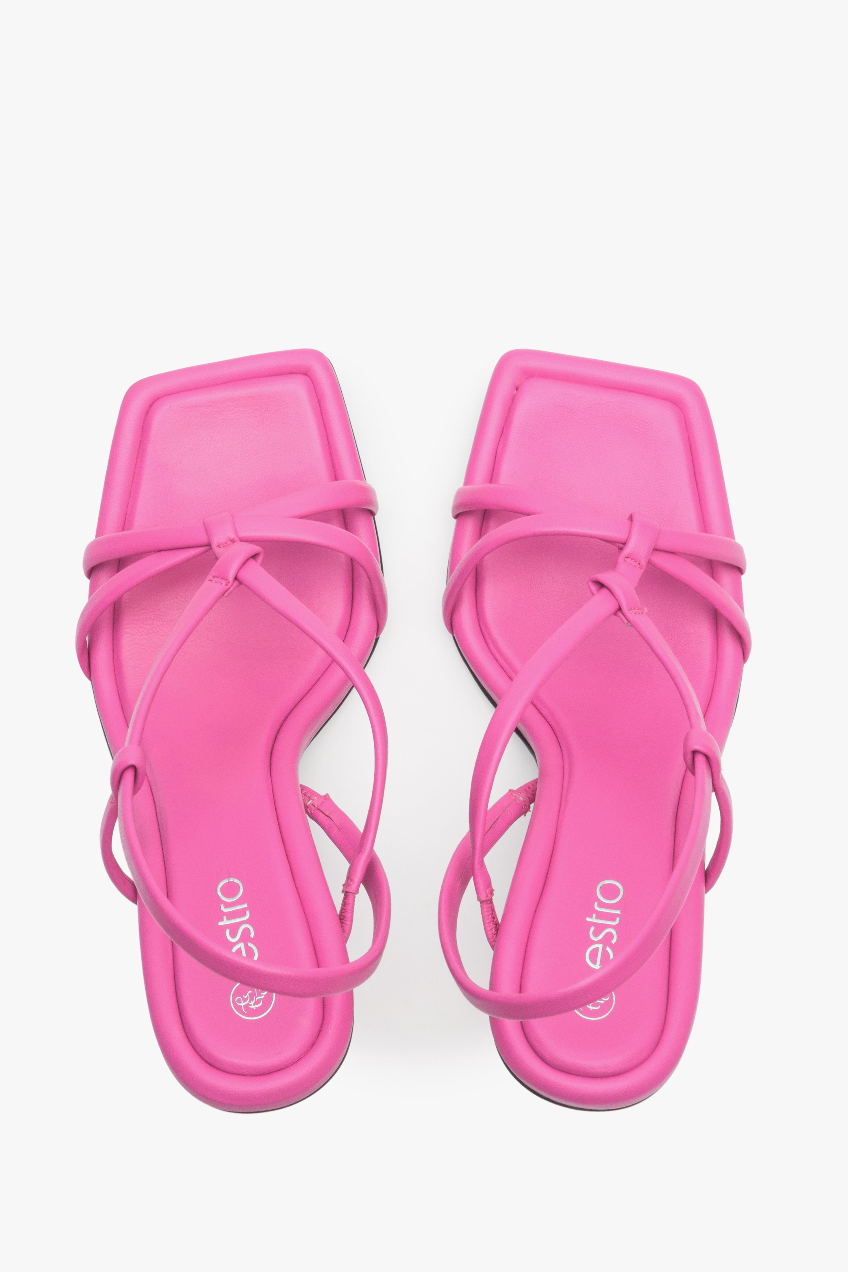 Pink women's sandals on a funnel heel, Estro brand - presentation form above.