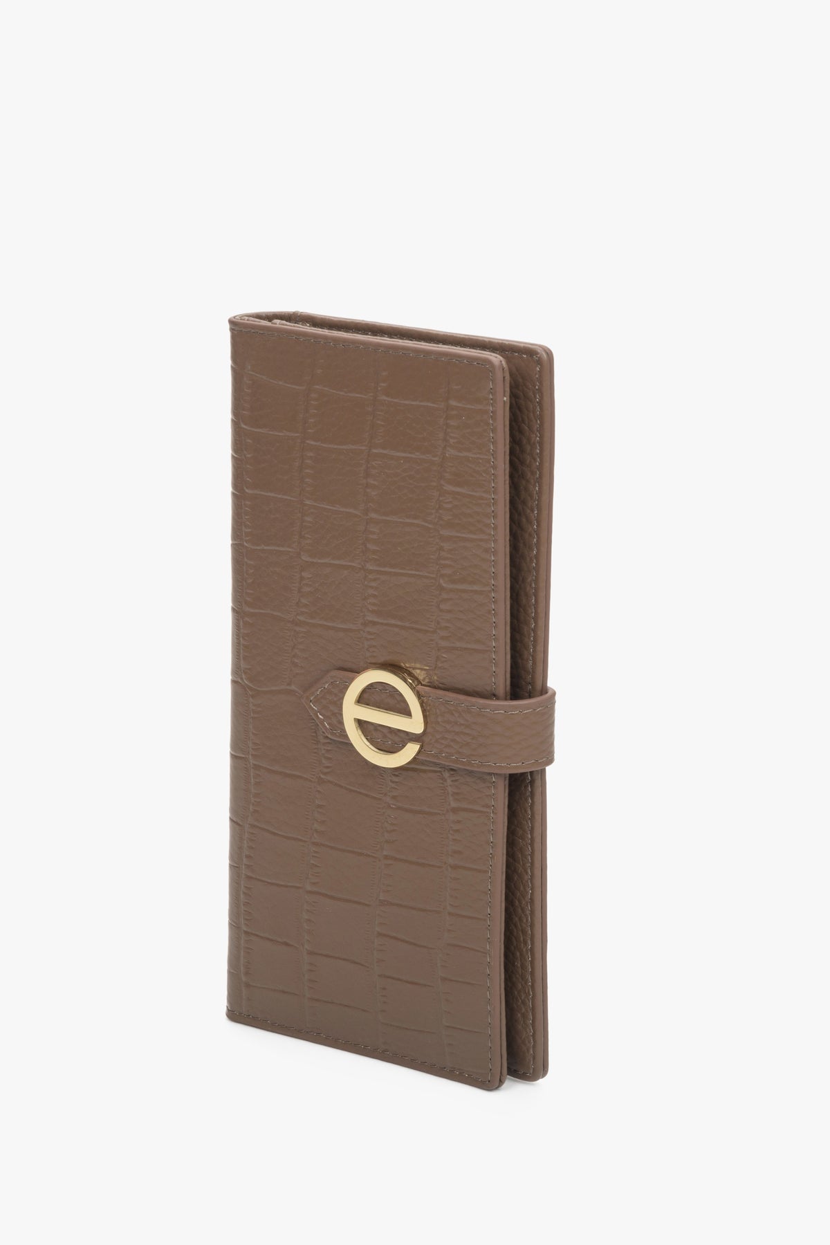 Large brown women's wallet with gold fittings by Estro.