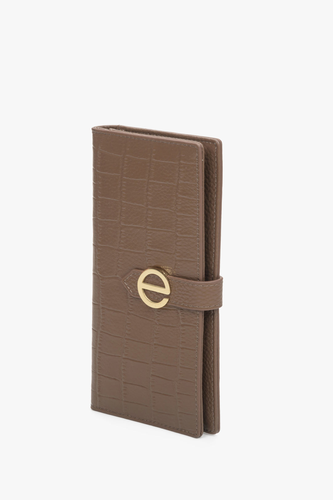 Large brown women's wallet with gold fittings by Estro.