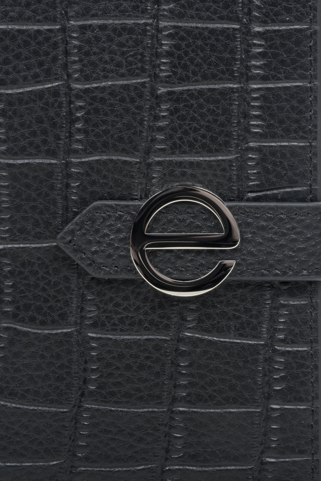 Women's large black leather wallet by Estro - close-up on details.